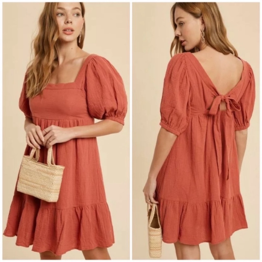 SOLD OUT Burnt Coral Gauze Boho Ruffle Babydoll Dress - Picture 1 of 7